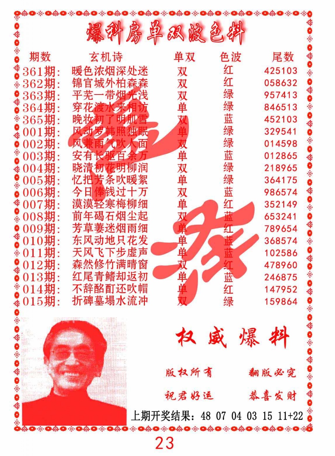 003期爆料房单双波色料[图]